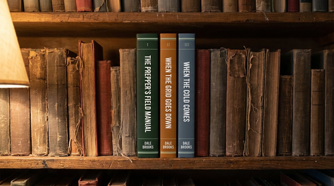 The three Dale Brooks books, new, in the middle of a shelf of old worn books